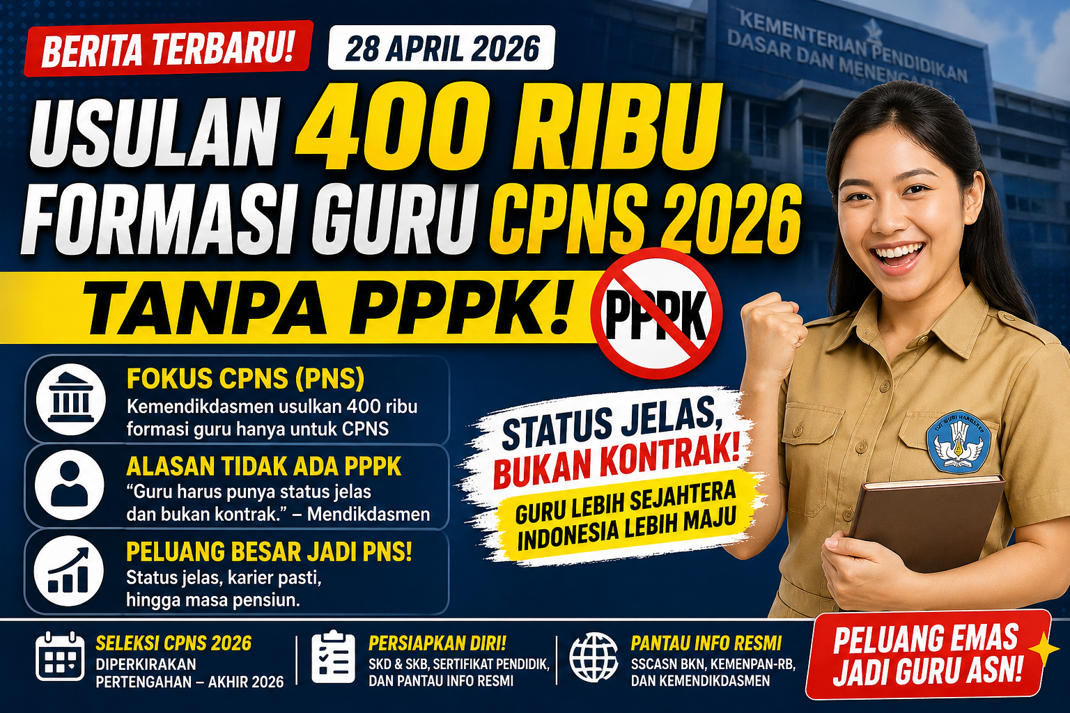 Kemendikdasmen Usul 400 Ribu Formasi Guru CPNS 2026 Tanpa PPPK, Ini Alasannya